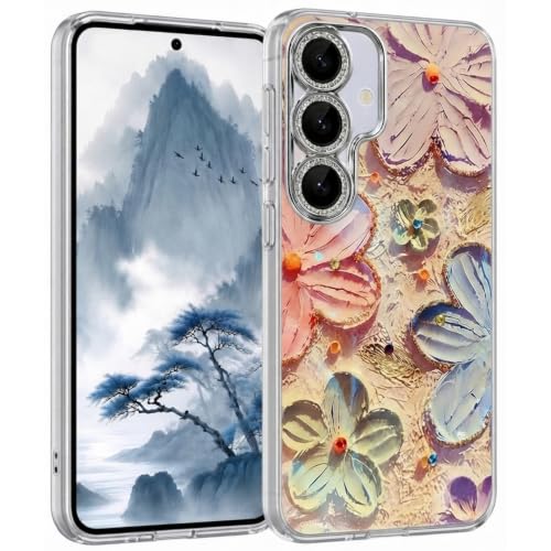 Image of VONZEE Compatible with Samsung Galaxy S24 5G Case, Laser Flower Oil Painting Design, Cute Colorful Blue Ray Bumper, Full Camera Protection, PC+TPU Glossy Shiny Protective Cover for Women & Girls, Pink