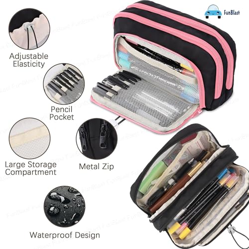 Image of FunBlast Pencil Pouch for Girls - Multiple Compartment Zipper Pouch With Drawstring Pocket, Aesthetic Kawaii Pencil Case, Cute Return Gift for Kids (Black-Pink)