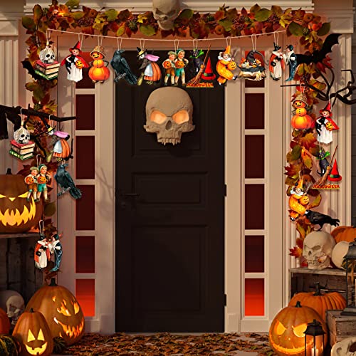 Image of 24 Pcs Halloween Wood Ornaments for Tree Vintage Halloween Decorations Hanging Sign Happy Pumpkin Witch Black Cat Skull Decorative Ornaments for Holiday Party Home Decor