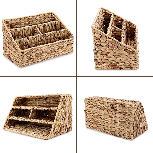 TOLIDA Gewebtes Schreibtisch Organizer Stiftehalter aus Wasserhyazinthe, Office Organizer Desk Organizer mit 4 Fächern Multifunktional Sortierer für Stifte Handys Buch Brief Papiere als Geschenk Deko