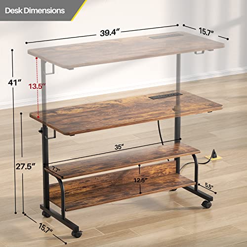 Height Adjustable Standing Desk With Power Outlets, 39" Manual Stand Up Desk With Storage Shelves Small Mobile Rolling Computer Desk Portable Laptop Table With Wheels For Home Office, Rustic #TOP2