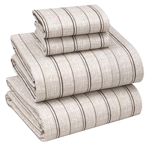 Image of RUVANTI 100% Cotton Percale Sheets, Full Size, Brown Stripes | Crisp Cooling, Deep Pocket 16 inch, Soft Breathable & Durable, Hotel-Style 4 Piece Set