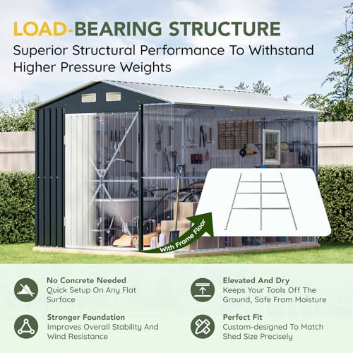 Image of Upgrade 10x8FT Outdoor Metal Storage Shed with Floor Frame, Double Swing Doors,Clear Windows, Tool Shed for Garden, Patio, Backyard