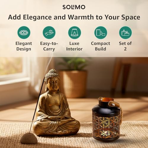 Image of Amazon Brand - Solimo Tea Light Lantern - Round Bottle Design, Black Iron with Gold Interior, Set of 2 (Size: L-10 cm x W-10 cm x H-15 cm)