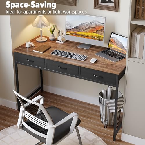 Image of WOHOMO Computer Desk with 3 Drawers, 47.2 Inch Small Vanity Desk with Storage, Home Office Bedroom Desk for Small Spaces, Modern Work Writing Study Gaming Tables, Rustic Brown