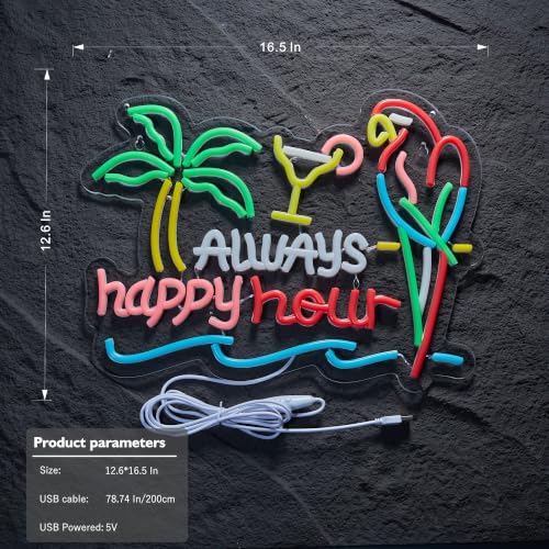 Image of Always Happy Hour Neon Sign for Wall Decor,Parrot Bar LED Light Up Dimmable Signs Compatible with Timer for Pub Party Man Cave Room Restaurant Business Party Art Decor Gift