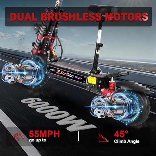 Image of 6000W Electric Scooter Dual Motor Up to 55 MPH, 60V35Ah Battery 60 Miles Long Range, Dual Suspension and Hydraulic Disc Brakes, Fat Tires NFC Unlock Fast Electric Scooter with seat & Damper