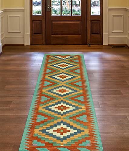 Noori Rug - Premium & Luxury Imported - Handmade Sangat Flatweave Uljan Runner - Green - Red, 2'0" X 6'10" - Entryway - Kitchen - Bedroom #TOP6