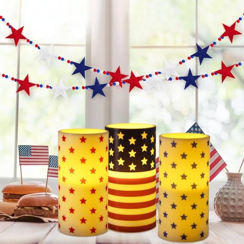 Image of 4th of July Patriotic Candles with Timer Remote Control | for American Independence Day Decorations,250th Anniversary USA Red White and Blue Candle