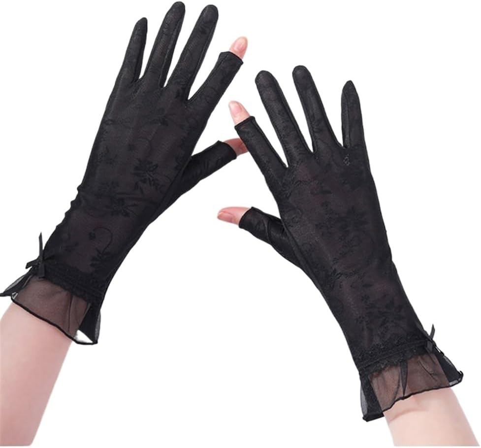Women's Driving and Riding Elastic Breathable Leak Two-Finger Ice Silk Cool Lace Thin Gloves