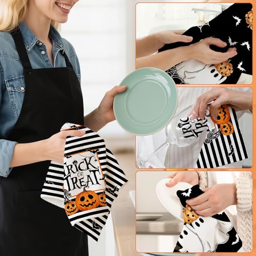 Image of Hexagram Halloween Kitchen Towels, Black Halloween Hand Towels for Bathroom | Ghost Decor, Pumpkin Decor, Stripe Dish Towel, Set of 2, Trick or Treat Decorations, 18x28 Inch, Autumn Gifts