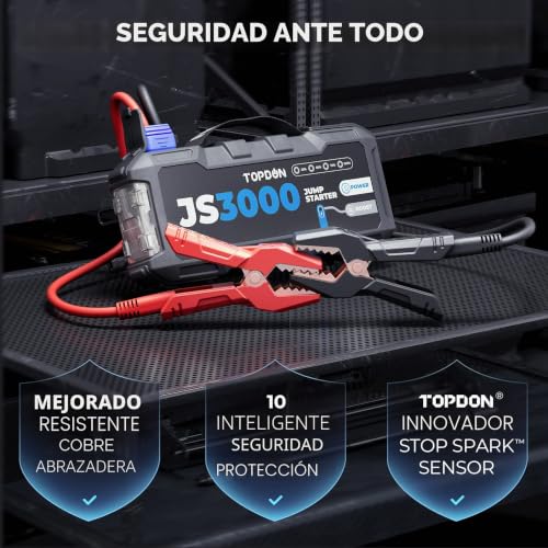 Arrancador de baterias de coche TOPDON jump starter 12V 3000A para motor diesel o gasolina 7