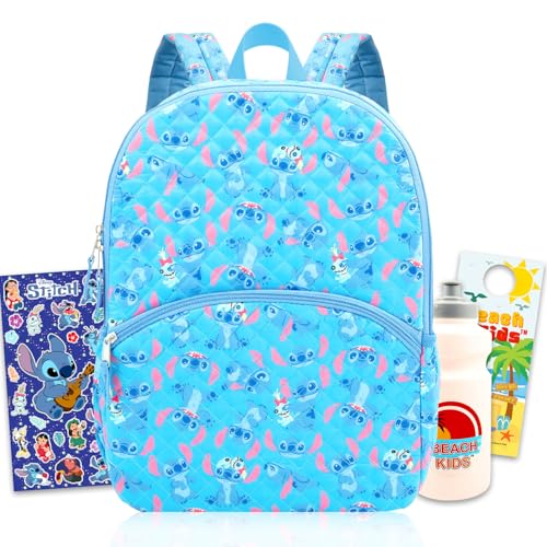 Disney Conjunto de mochila Stitch – Pacote com bolsa escolar acolchoada de 41 cm e garrafa de água, adesivos e mais | Bolsa escolar Lilo and Stitch para crianças, meninas