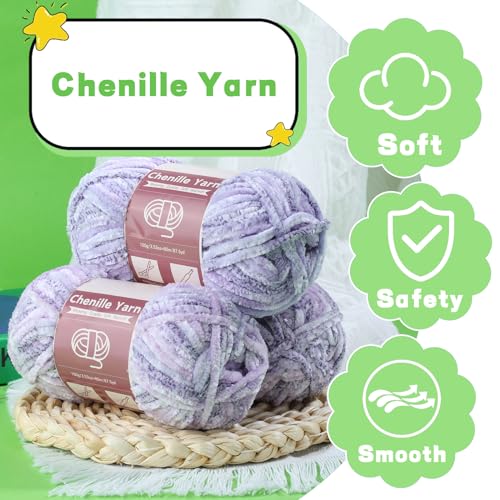 Image of LUNARM Chenille Yarn for Crochet Knitting Chunky Blanket Velvet Yarn | 3 Pack 3.5oz /100g 263 Yard Purple Gradient Yarn for Beginners Knitting Scarves with Big Eye Needles Machine Washable