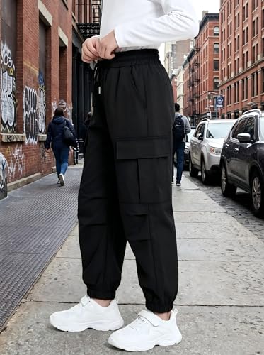 Image of JiAmy Girls Cargo Pants Elastic High Waist Drawstring Pants Jogger Trousers Casual Loose with Pockets 6-14Y