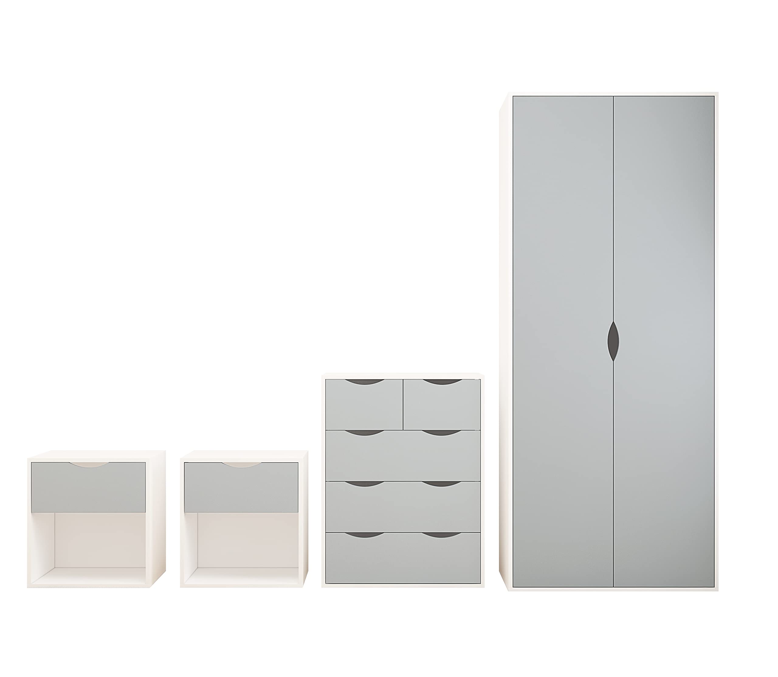 AFN Delvito 4 Piece Bedroom Furniture Set - Includes Wardrobe, 5 Drawer Chest, Bedside Cabinet (Grey on White)