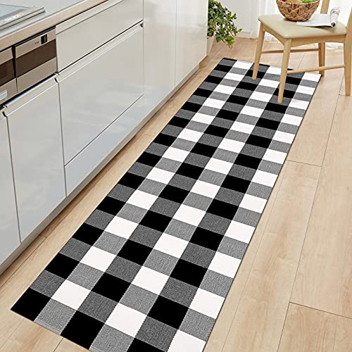Cotton Buffalo Plaid Runner Rug Hand-Woven Washable Retro Lattice Checkered Outdoor Rug Black and White Area Rug for Living Room, Kitchen, Dining Room, Bedroom (Black and White, 2x8)