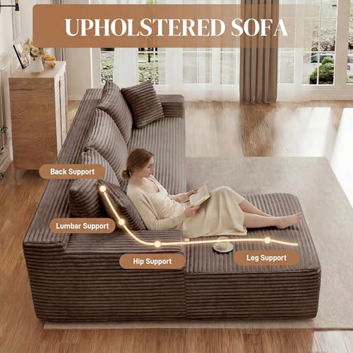 Image of 95 inch L Shaped Cloud Boneless Sectional Couches for Living Room, Modern Comfy Modular Deep Seat Memory Foam Compressed Corduroy Sofa Oversized Left Facing Chaise, No Assembly Required, Brown
