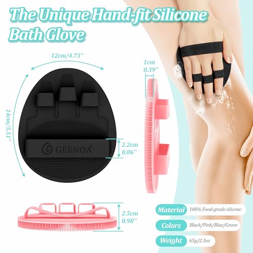 GEENOA Upgrade Silicone Body Scrubber with Straps, 360° Anti-Slip & Enlarged Exfoliating Shower Scrubber for Rich Foaming Deep Cleaning, No-Grip & Hand-fit Bath Glove for All Skin Types(Black+Pink) 2PCS