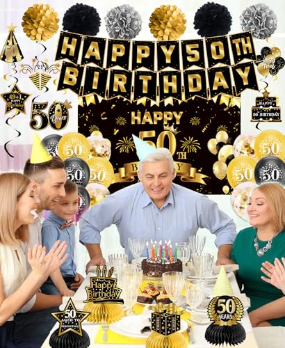 Image of Pre-Strung 50th Birthday Decorations for Men Women | Pre-Strung Black Gold Happy Birthday Banner with Balloons, Backdrop, Honeycomb Centerpieces, Hanging Swirl Streamers
