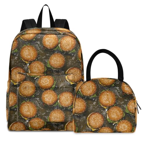 Hamburgers Print Backpack Set with Lunch Bag, Large Capacity Travel Backpacks and Lunch Box Insulated for Commute Hiking Picnic