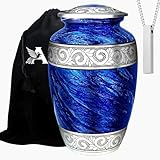 AmericUrn Set of 2 Eternal Blue Cremation Urn for Human Ashes – Adult Male & Female 1 Large Urn with 1 Memorial Necklace