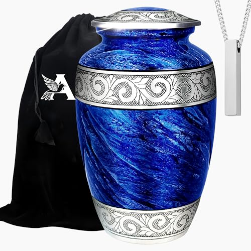 AmericUrn Set of 2 Eternal Blue Cremation Urn for Human Ashes – Adult Male & Female 1 Large Urn with 1 Memorial Necklace