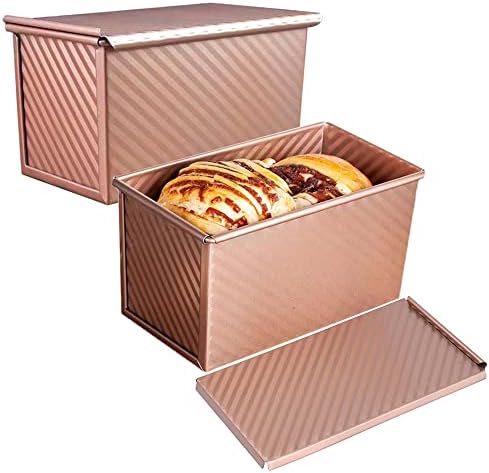 EGEN Bread Pan Loaf Pan for Baking with Lid, Non-Stick Carbon Steel Baking Bread Toast Mold Loaf Baking Pan Set (Golden-2Pcs)
