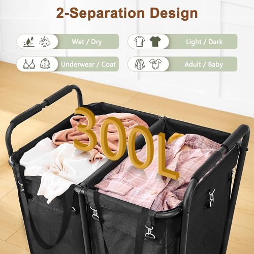 Hoctieon 2 Section Laundry Sorter Cart, 300L Rolling Hamper with Wheels, Industrial Laundry Basket Organizer, Large Dirty Clothes Hamper for Home & Hotel, Heavy Duty, Black by Hoctieon - Image 4