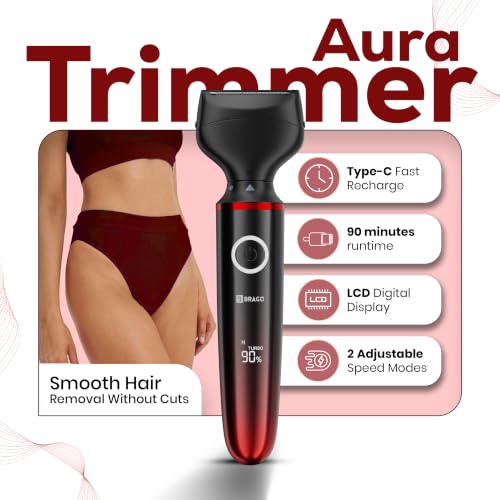 Image of Brago Aura All-in-One Trimmer for Women | Face, Body & Bikini | Painless Hair Remover for Women | Eyebrow, Upper Lip, Underarm & Leg Trimmer | 3 Grooming Heads | LCD Display | Type-C Fast Charging | Waterproof
