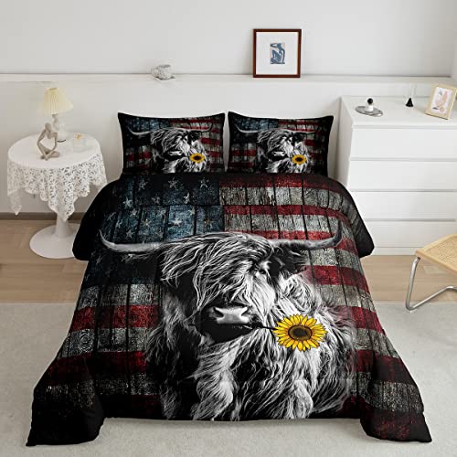 Feelyou Highland Cattle Bedding Set Sunflower Highland Cow Comforter Set for Kids Boys Girls America Flag Bull Comforter Animal Quilt Set 1 Comforter Set with 2 Pillowcases Full Size