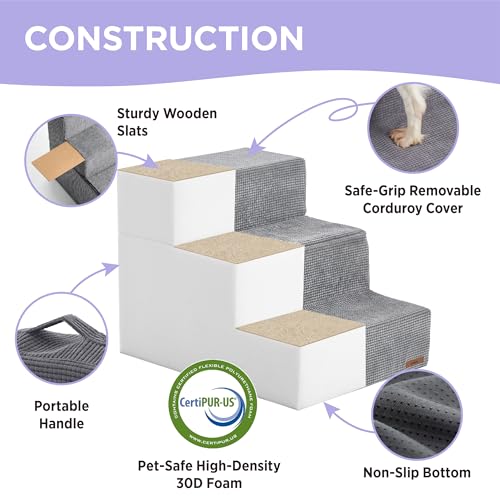 Image of Lesure Dog Stairs for Small Dogs and Cats 16.5 inch H x 18 inch W Extra Wide 3-Step Foldable Foam Pet Steps for Couch Sofa and Chairs with Supporting Board and Non-Slip Bottom, Grey