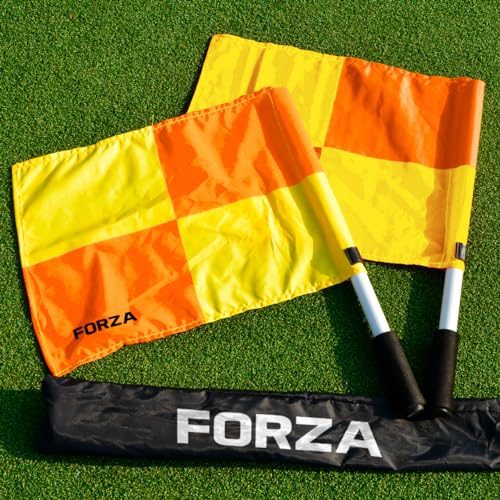 FORZA Bandiere Arbitro da Calcio - Attrezzatura Ufficiale da Arbitro | Guardalinee Professionali per Partite | Rossa & Giallo A Scacchi + Impugnatura Comfortevole | Borsa in Dotazione
