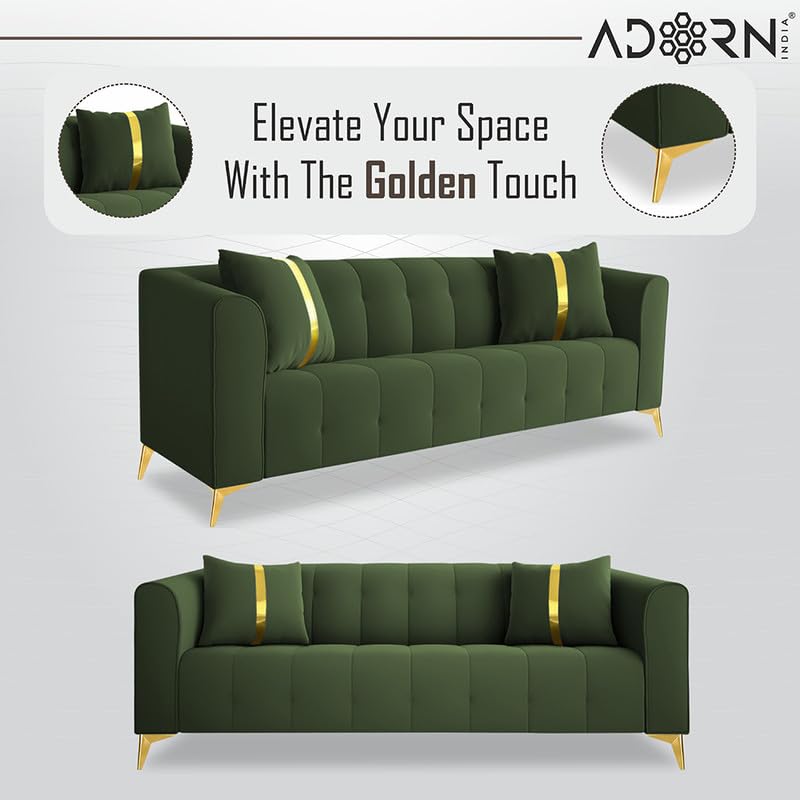 Image of Adorn India Premium Mystic - 3 Years Warranty - 3+2 Sofa Set Velvet Suede Fabric - Green