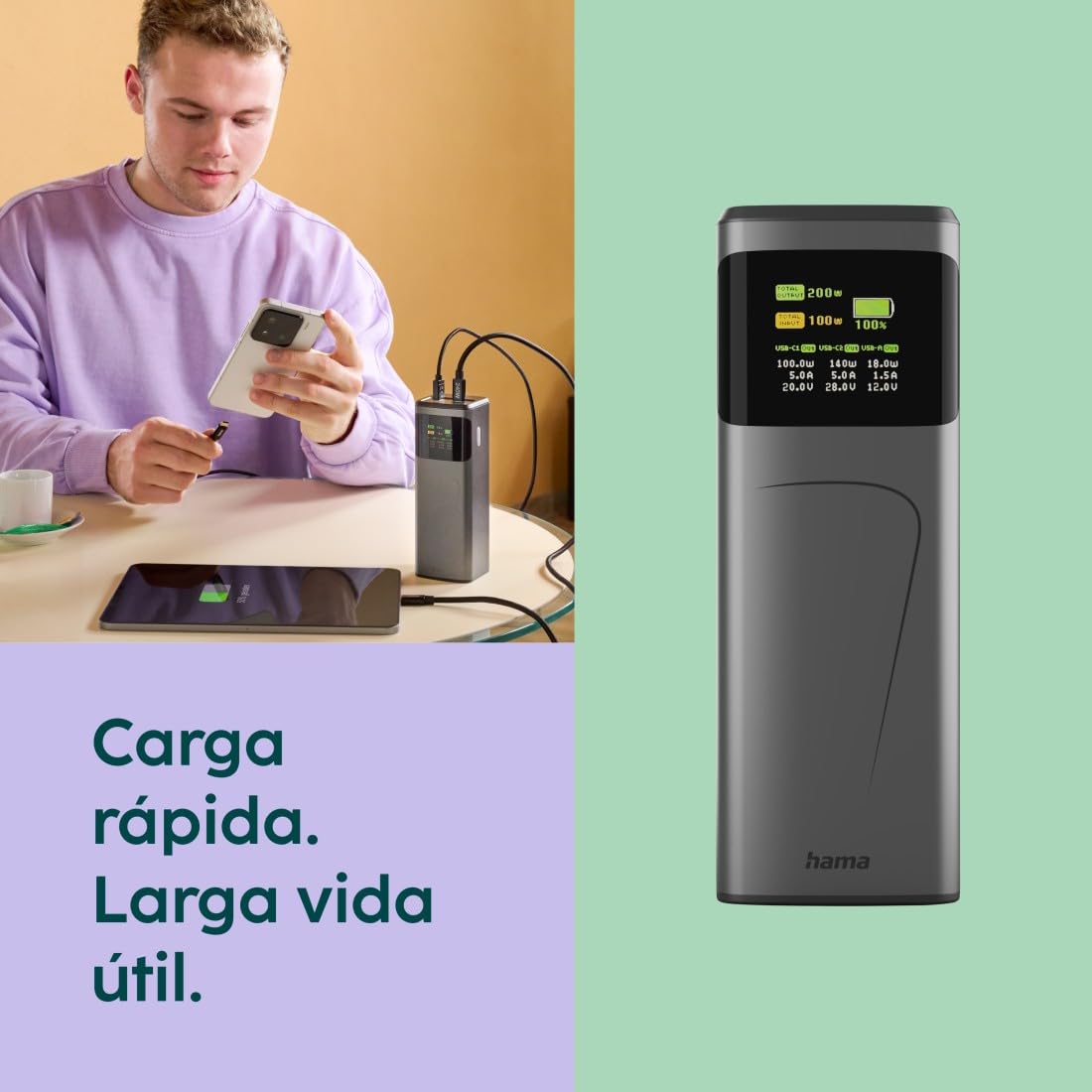 Hama | Power Bank High Power 24.000 mAh 200 W USB-C PD Pantalla TFT | Potencia de hasta 200 W con Power Delivery 3.0, 2 USB-C y USB-A, pantalla TFT para controlar la carga, Gris