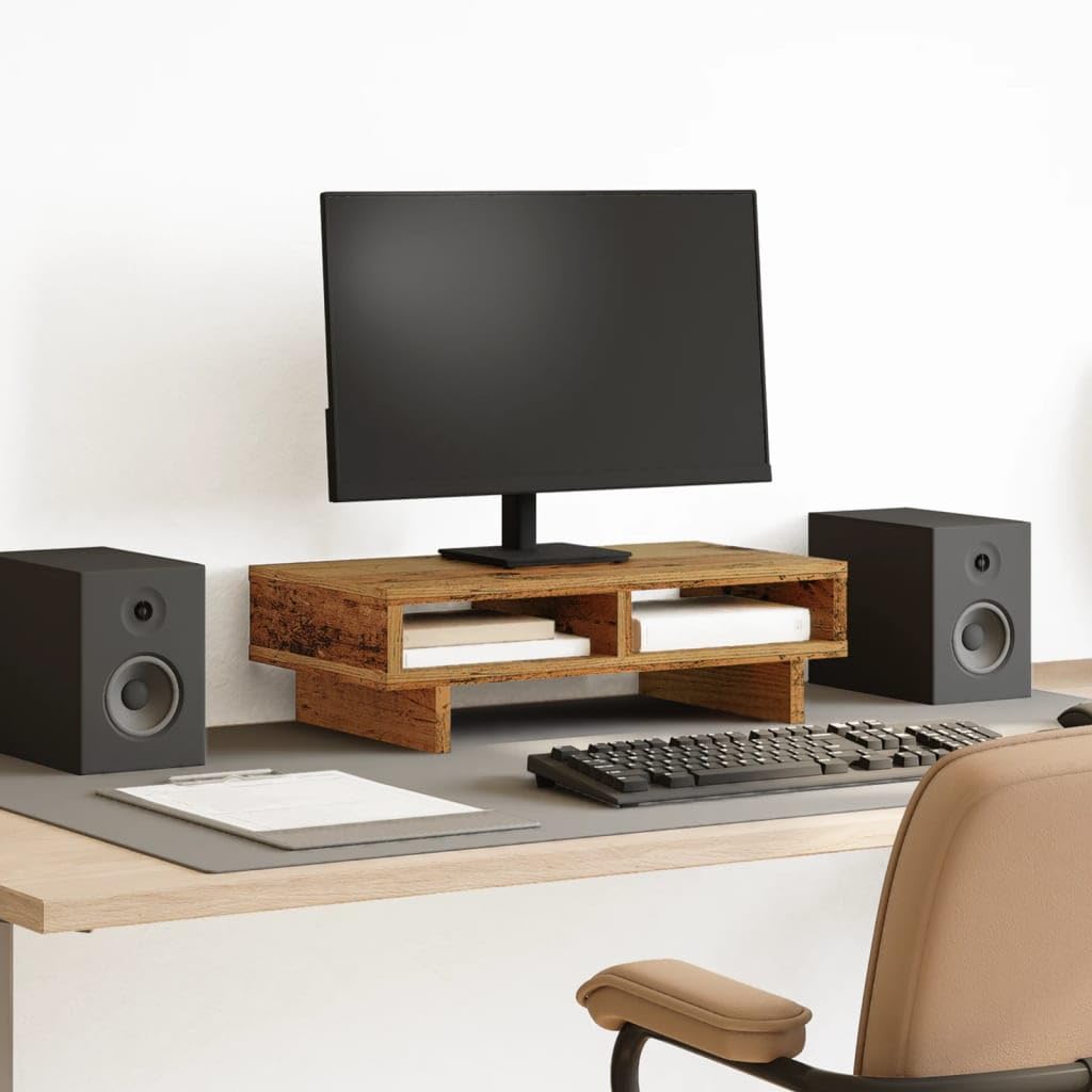 Supporto per monitor, effetto legno anticato, 50 x 27 x 15 cm, regolabile in altezza, con 2 scomparti, per lavorare ergonomicamente in casa e in ufficio, stabile supporto da tavolo per laptop