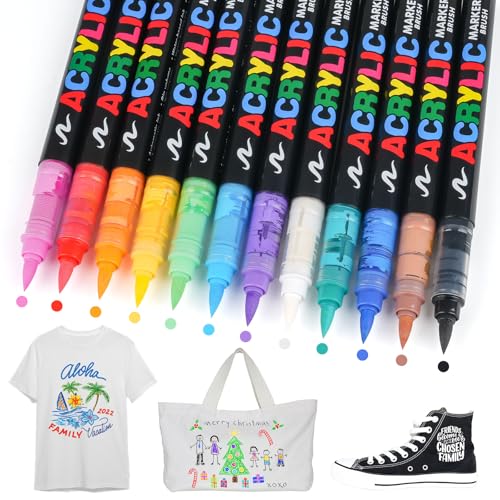 Textilstifte,12Farben Textilstifte Waschmaschinenfest,weicher Kopf Textilmarker,Stoff Stifte,Stoffmalstifte,Permanent Textilstifte WaschfestTextilmarker für T-shirt,Stoffbeutel,Einkaufstasche,Segeltuc