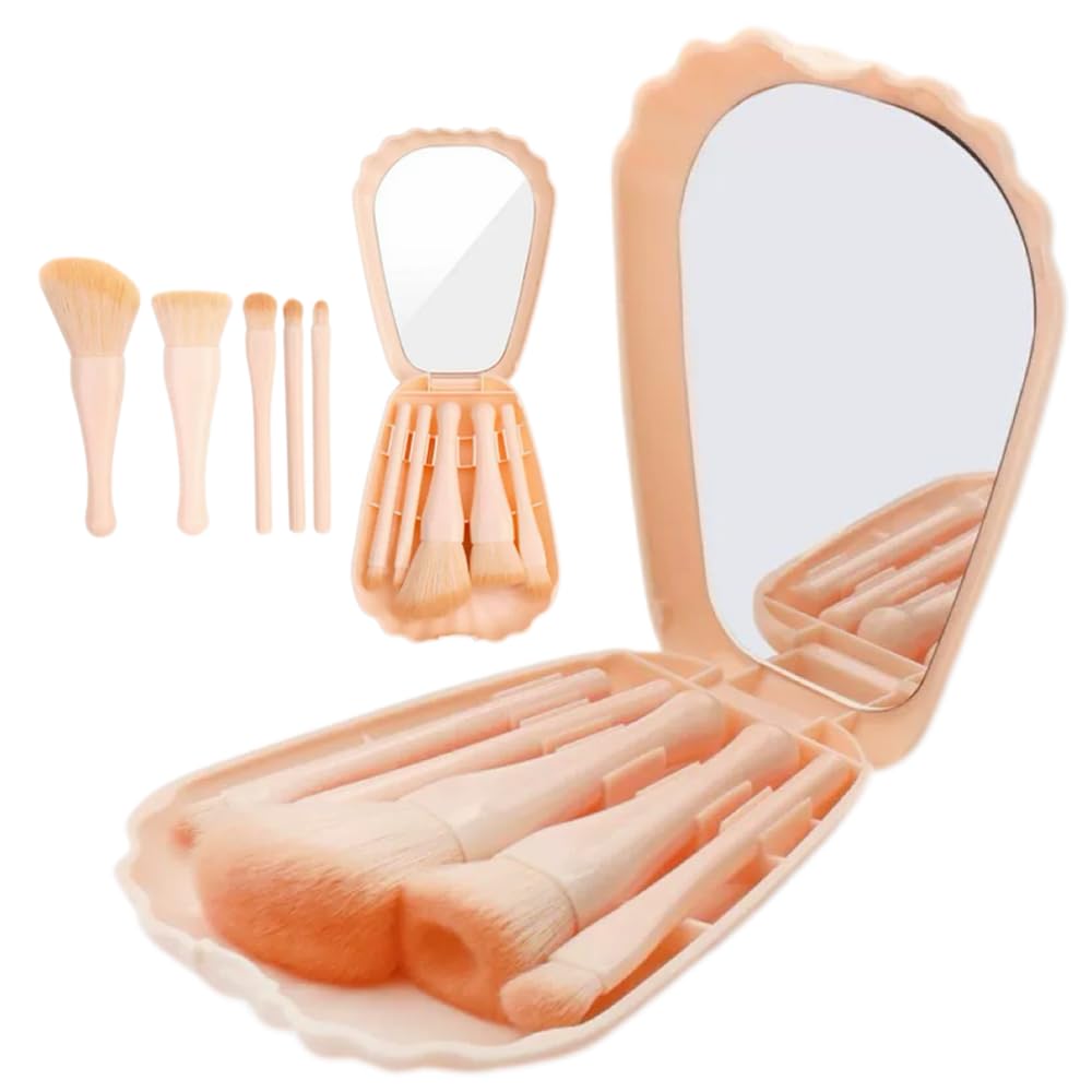 Travel Makeup Brush Set of 5 With Mirror Shell Case Pink Portable Mini