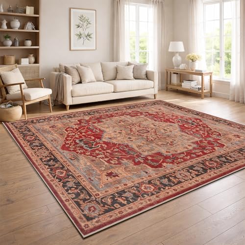 Paco Home Alfombra Salon Vintage Pelo Corto Estilo Boho Lavable Antideslizante Facil Cuidado Diseno Retro Moderno, Color:Rojo, tamaño:160x220 cm