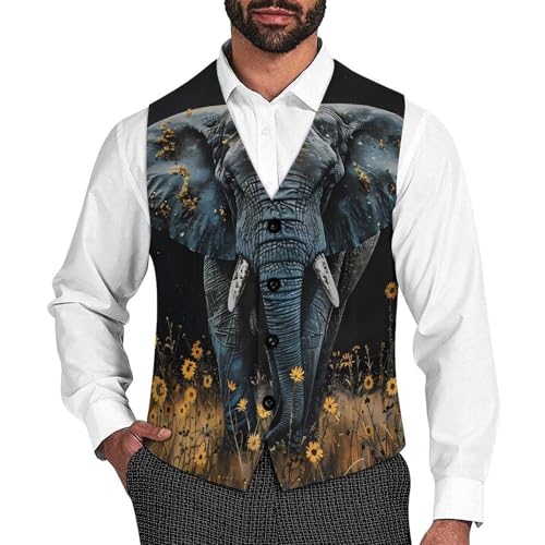 Elephant Sunflower Men's Suit Vest Waistcoat Vests Formal Dress with 2 Pockets for Business Casual Tuxedo