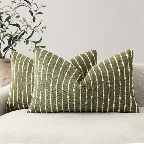 Image of Foindtower Pack of 2 Decorative Jacquard Boucle Lumbar Throw Pillow Covers Accent Textured Striped Pillowcases Cozy Boho Cushion for Couch Sofa Bedroom Living Room Home Decor 12x20 Inch Olive Green