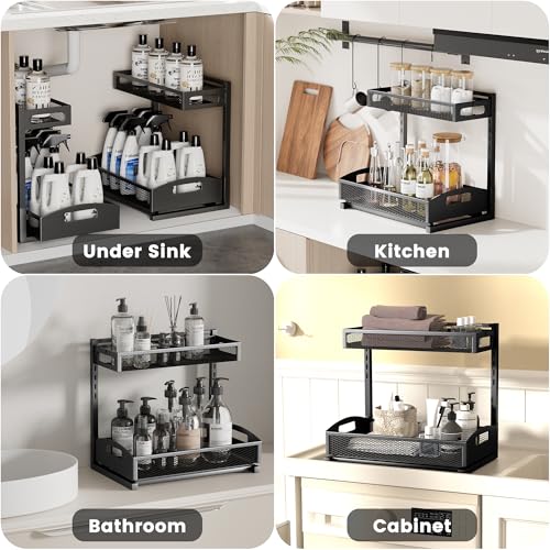 Image of Petiza Under Sink Organizer,2 Pack Height Adjustable Under Sink Organizers and Storage, 2 Tier Under Sink Storage for Kitchen Bathroom Cabinet