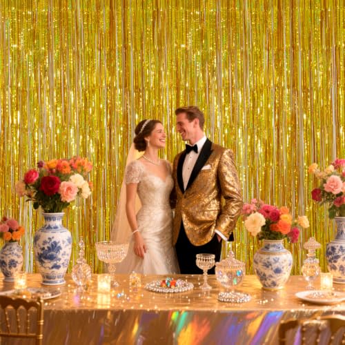 Image of Gold Back to School Backdrop Fringe Curtains Streamers Tinsel Photo Booth | 3.28 x 6.56ft Foil Curtain for Birthday Party Decorations, Wedding & Photography Background