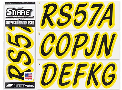 Image of Whipline Solid Black /Electric Yellow 3 inch Alpha-Numeric Registration Identification Numbers Stickers Decals for Boats & Personal Watercraft