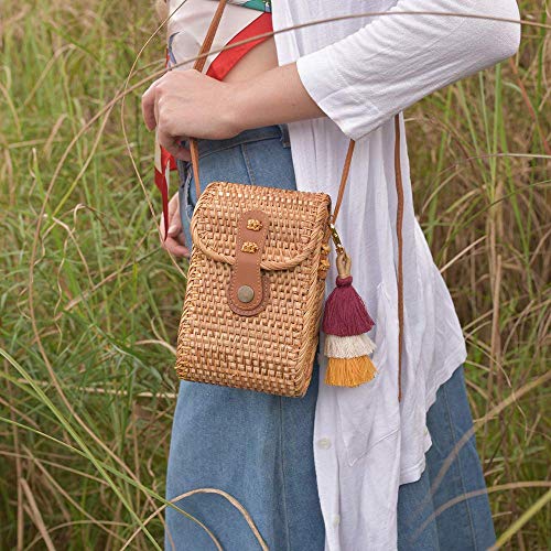 Natural NEO Phone Straw Bag Crossbody Wallet Small Boho Purse Rattan Hand Woven For Women Shoulder Crossbody Necessities Bags Wicker Purses In Summer Beach Vacation With Flower Patterns Bonhomia - Image 4