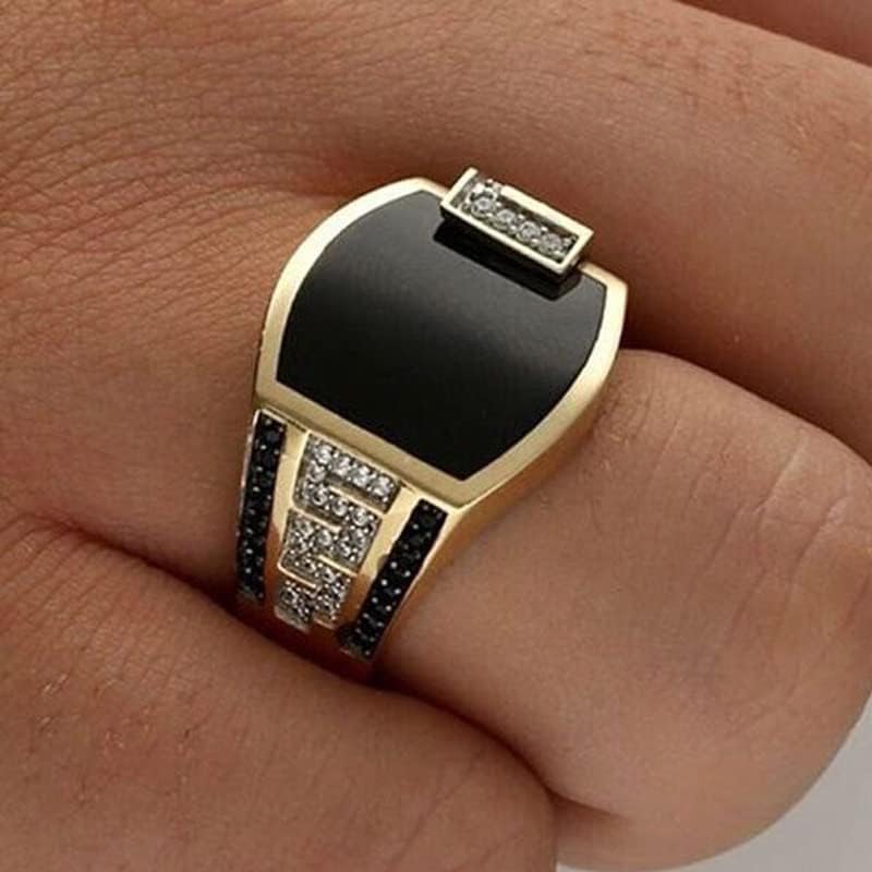 Ganquya Sparkling 18K Gold Plated Vintage Square Black Agate Signet Glossy Rings Simulated Diamond Hip Hop Ring Fashion Cuban Link Chain Promise Ring for Men (9) - Image 4