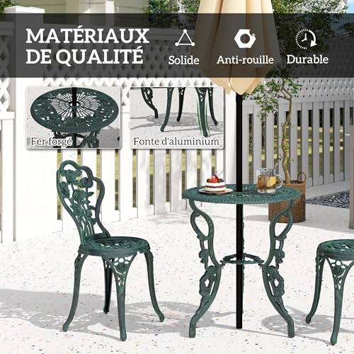 Outsunny Ensemble Salon de Jardin 2 Places 2 chaises + Table Ronde Style néo-rétro Motif Rose Lignes fuselées Fonte d'aluminium Vert Vieilli – Image 6