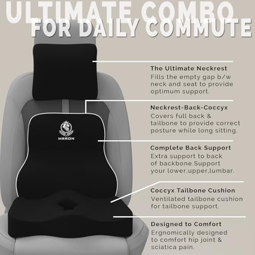 Image of MRRON Memory Foam Posture Corrector Car Seat Cushions Combo | Orthopedic Backrest, Coccyx Cushion & Neckrest | Ergonomic Lumbar Comfort Seat Cushion | Reduces Sciatica, (Black, Long Back)