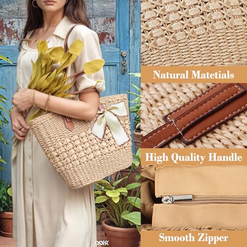 Straw Beach Tote Bag for Women Large Woven Handbags with Zipper and Ribbon Summer Shoulder Bag for Travel Vacation Casual Use3