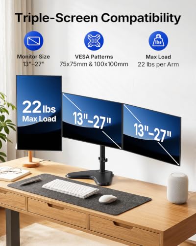 Image of HUANUO Triple Monitor Stand for 13-27 Inch Screens, 3 Monitor Mount